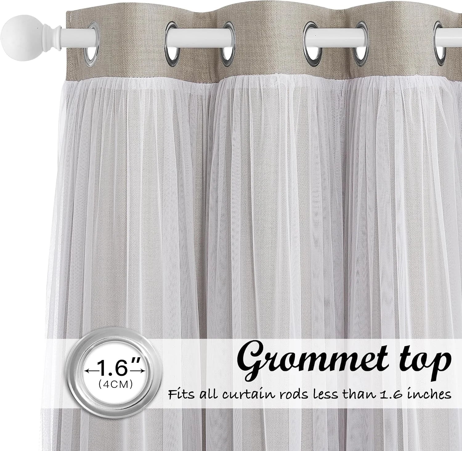 Beige sheer voile curtain panel with silver grommet top on a white rod