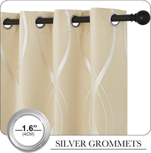 Beige curtain with shimmering silver wavy pattern and 1.6-inch silver grommets on a black rod.