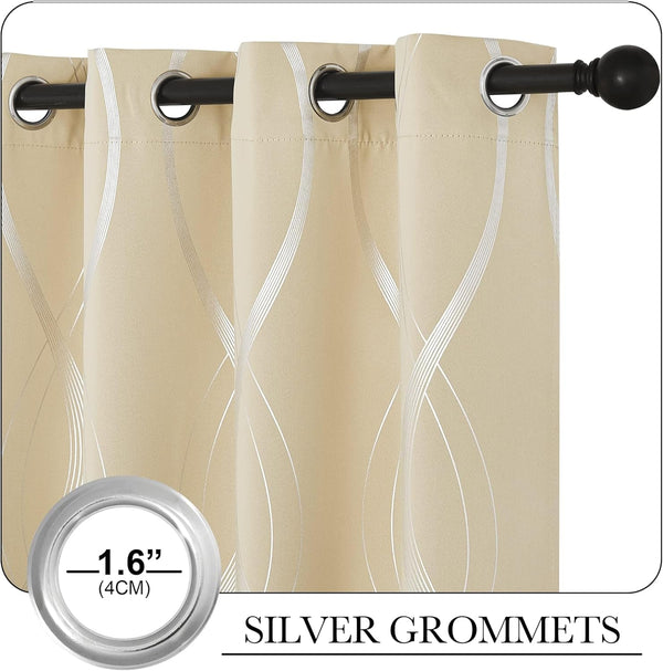 Beige curtain with shimmering silver wavy pattern and 1.6-inch silver grommets on a black rod.