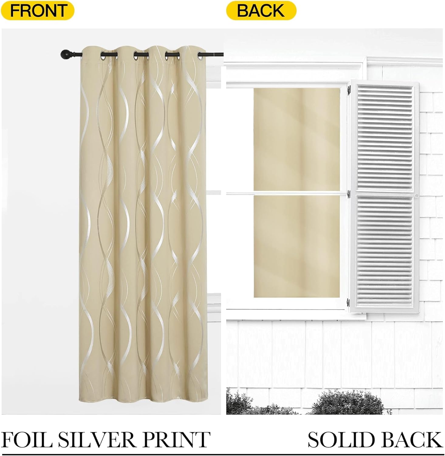 Modern beige blackout curtain panel with silver wavy foil print and grommet top, shown front and back.