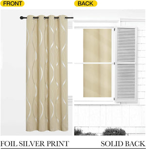 Modern beige blackout curtain panel with silver wavy foil print and grommet top, shown front and back.