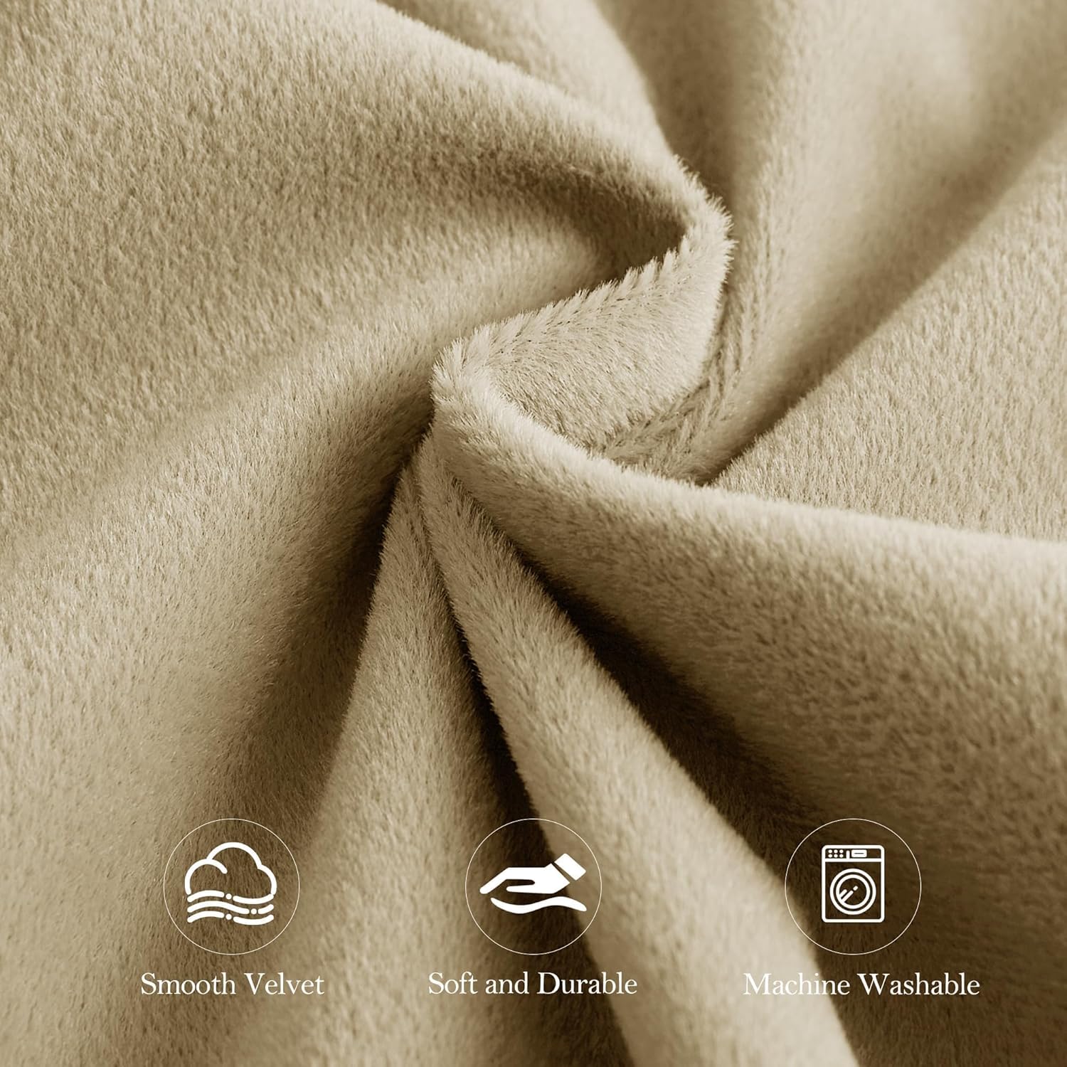 Beige velvet fabric close-up, smooth and plush. Properties: soft, durable, machine washable.