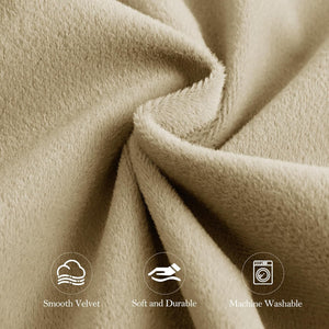 Beige velvet fabric close-up, smooth and plush. Properties: soft, durable, machine washable.