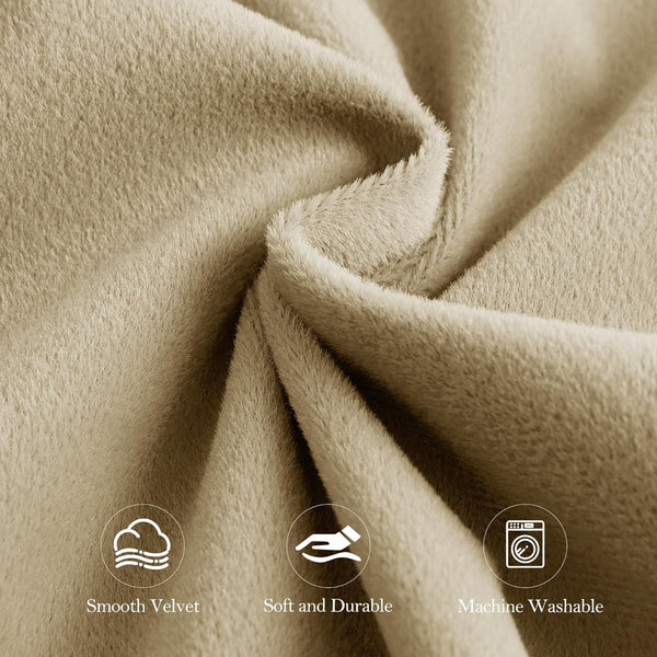 Beige velvet fabric close-up, smooth and plush. Properties: soft, durable, machine washable.