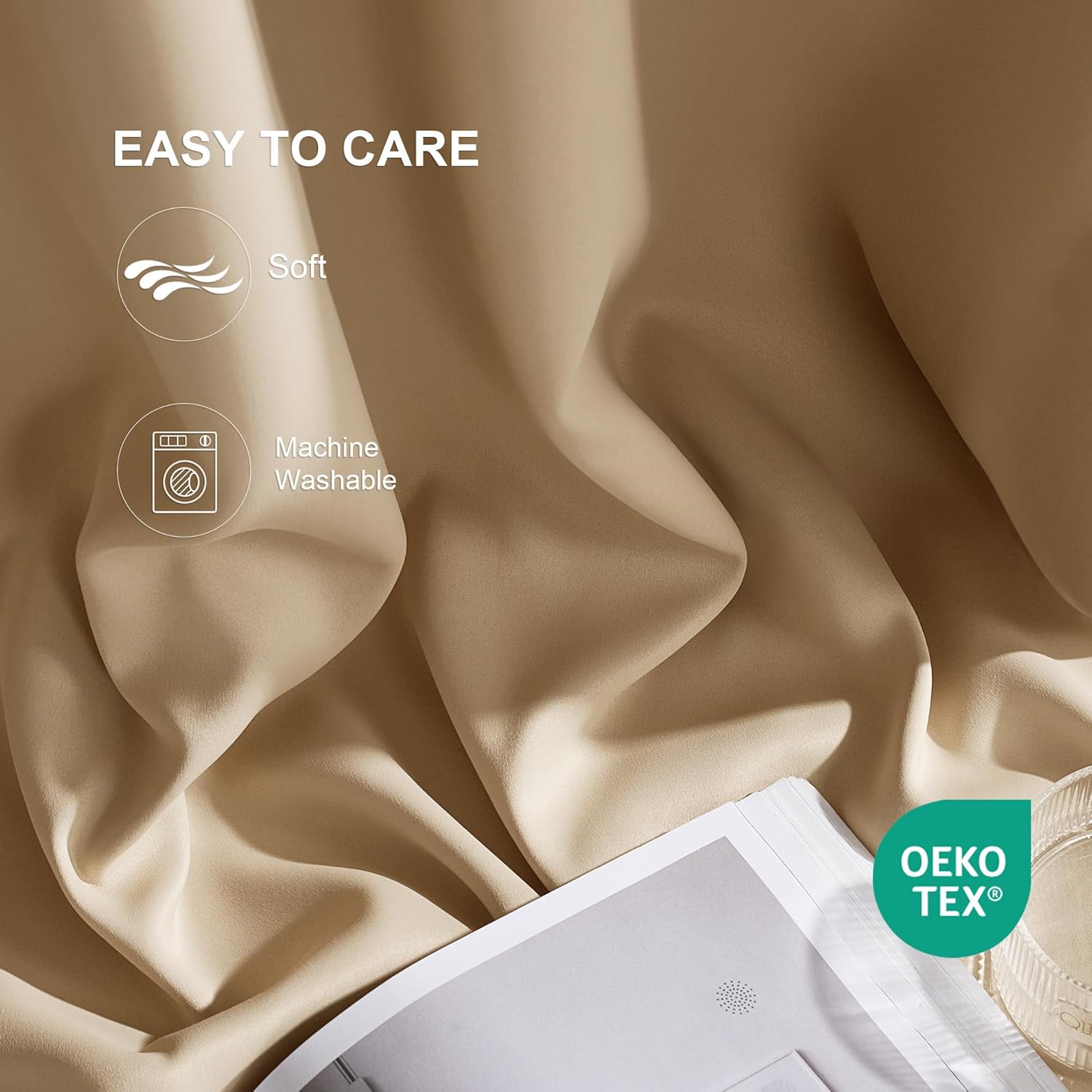 Soft beige fabric with gentle folds, highlighting 'Easy To Care' features. OEKO-TEX certified.