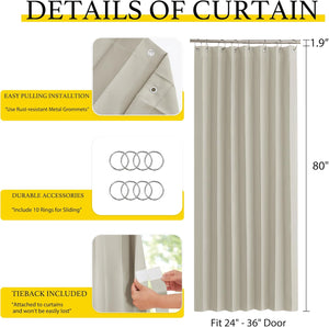 Light beige solid door curtain displayed with rust-resistant metal grommets, sliding rings, and attached tieback.