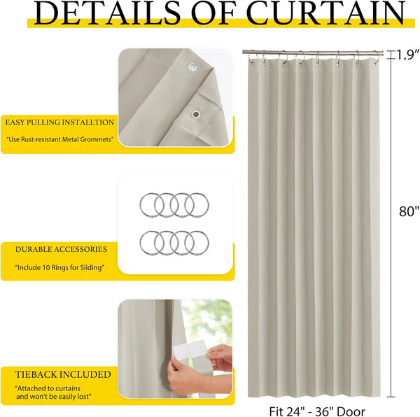 Light beige solid door curtain displayed with rust-resistant metal grommets, sliding rings, and attached tieback.