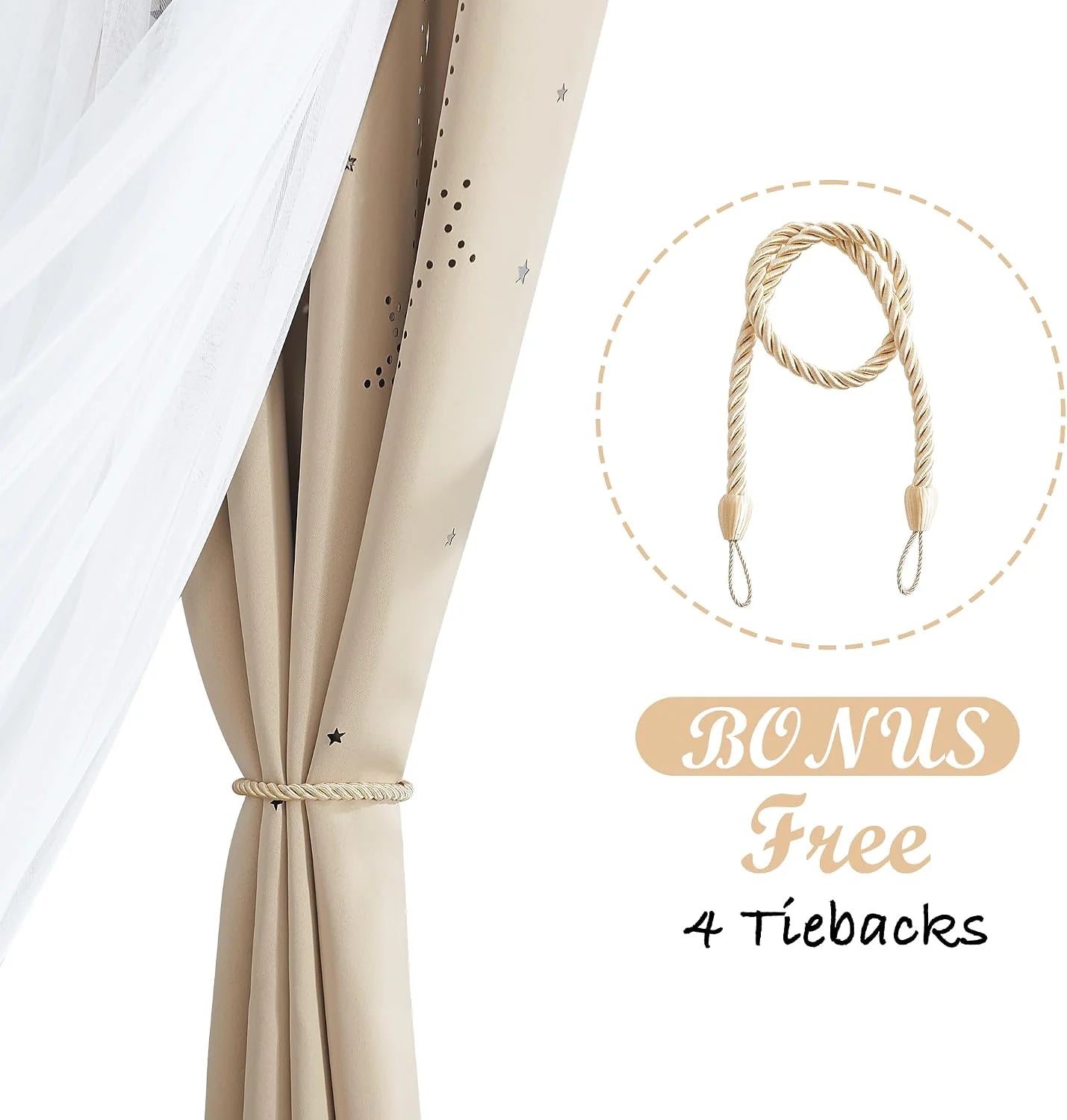 Beige star-pattern curtain with sheer panel and matching rope tieback accessory