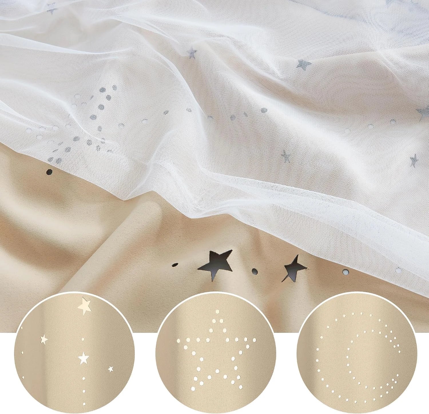 Beige star cutout fabric with white sheer mesh overlay and celestial pattern details