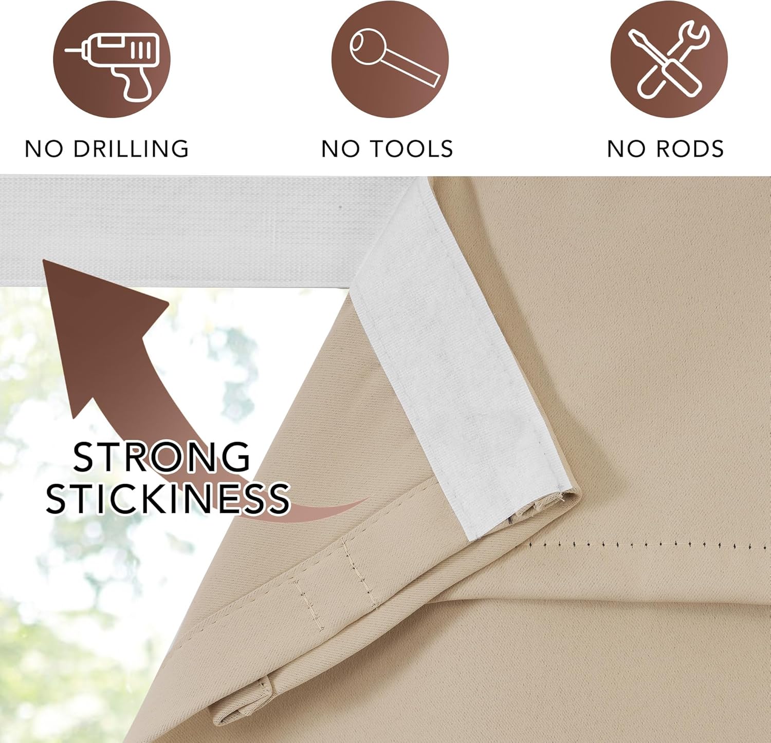 Close-up of a beige fabric stick-on window blind, highlighting strong stickiness for no-drill, tool-free installation.
