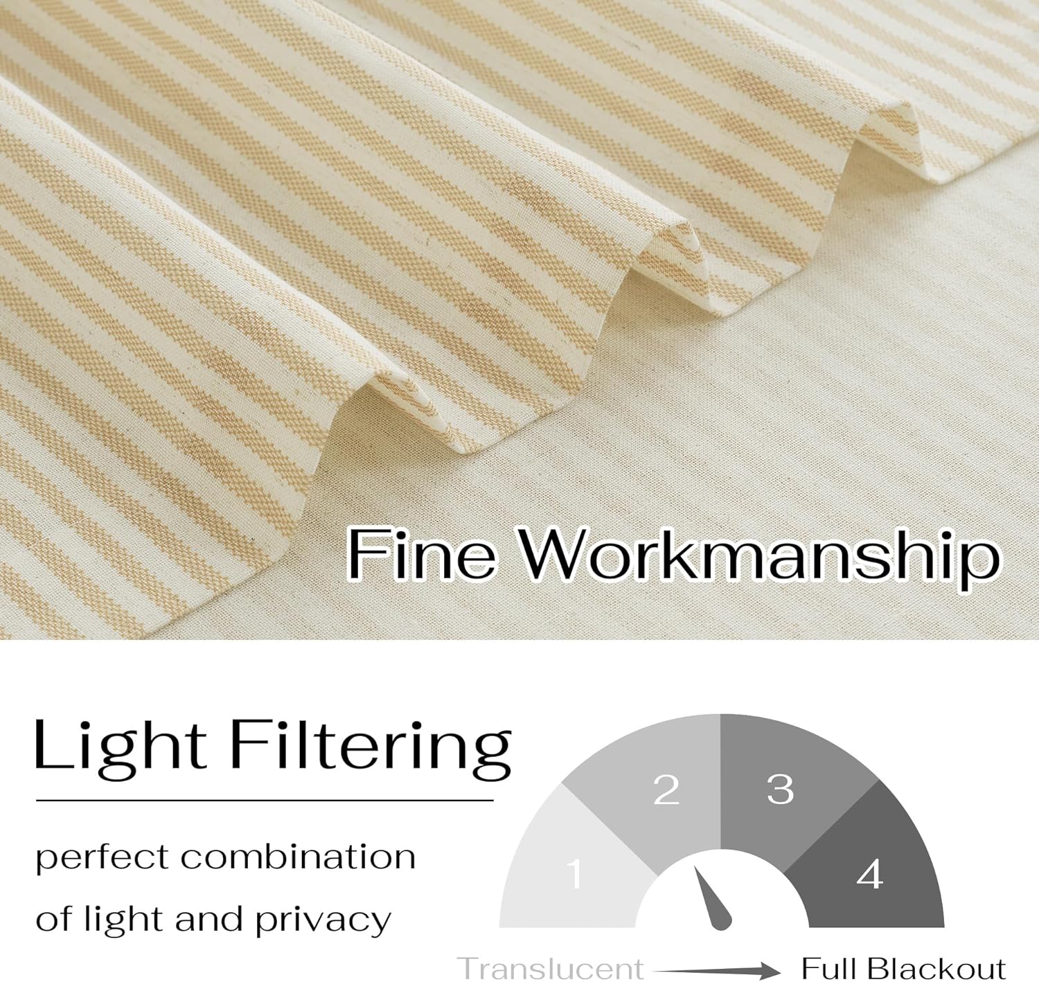 Close-up of a light beige woven fabric with fine tan stripes, ideal for light filtering curtains.