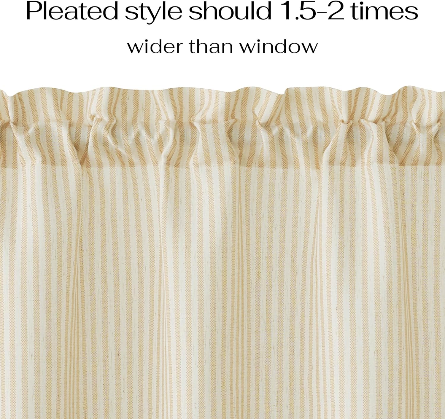 Close-up of a beige and off-white striped linen rod pocket curtain with a gathered top.