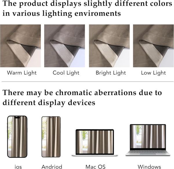 Beige-taupe curtain fabric swatch showing color differences under warm, cool, bright, and low lighting.
