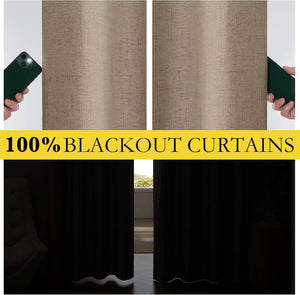 Close-up of a beige textured curtain panel blocking a phone flashlight, demonstrating 100% room darkening effect.