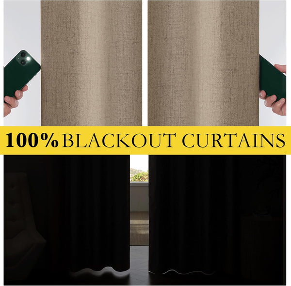 Close-up of a beige textured curtain panel blocking a phone flashlight, demonstrating 100% room darkening effect.