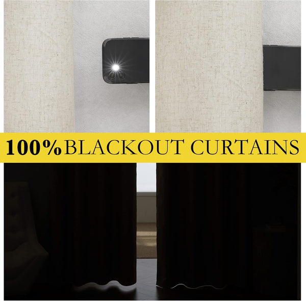 Textured beige blackout curtains block smartphone flashlight, demonstrating 100% light blockage in a room.