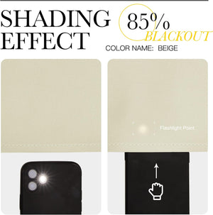 Beige textured fabric swatch demonstrating 85% blackout effect against flashlight.