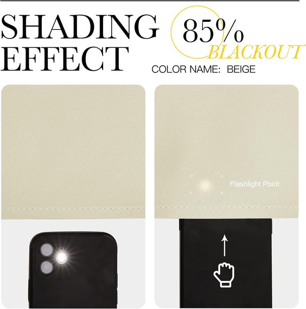 Beige textured fabric swatch demonstrating 85% blackout effect against flashlight.