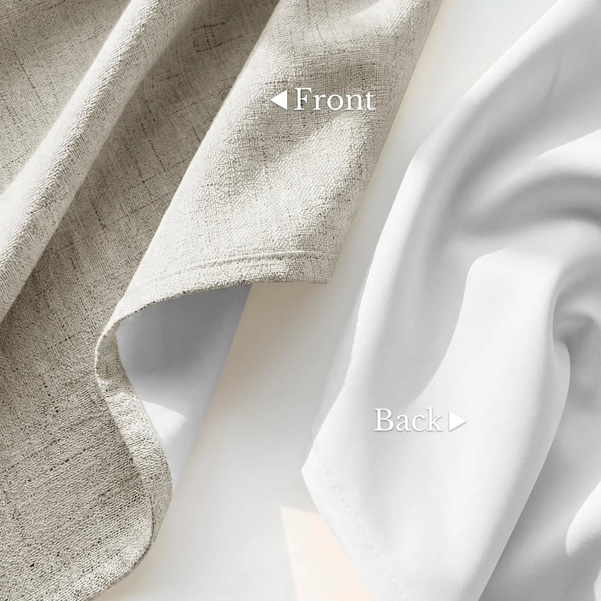 Beige textured curtain front with smooth white blackout backing shown in close-up