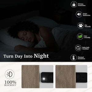 Textured beige blackout curtains provide darkness for sleeping. Fabric demonstrates 100% light blockage.