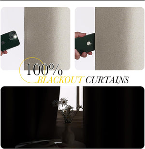 Beige textured blackout curtains with 100% light blocking demonstrated by a phone flashlight. Room is completely dark.