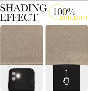 Beige woven blackout fabric shown blocking 100% of light during a flashlight demonstration.