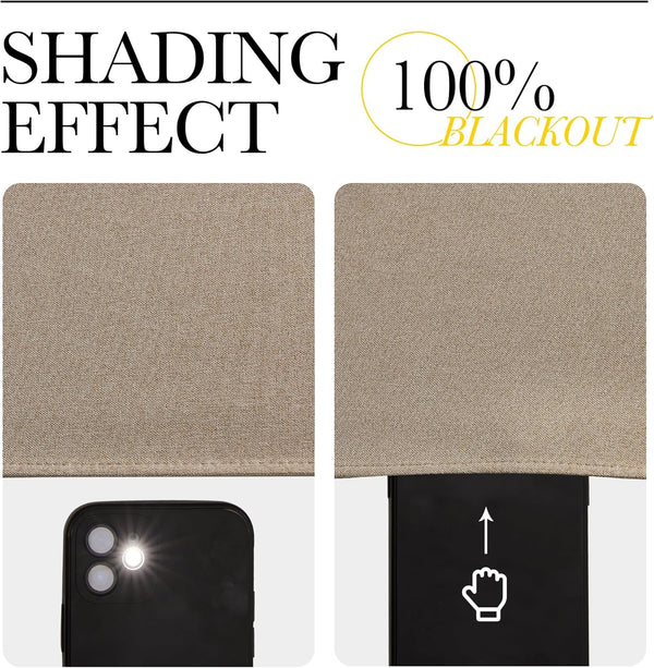 Beige woven blackout fabric shown blocking 100% of light during a flashlight demonstration.