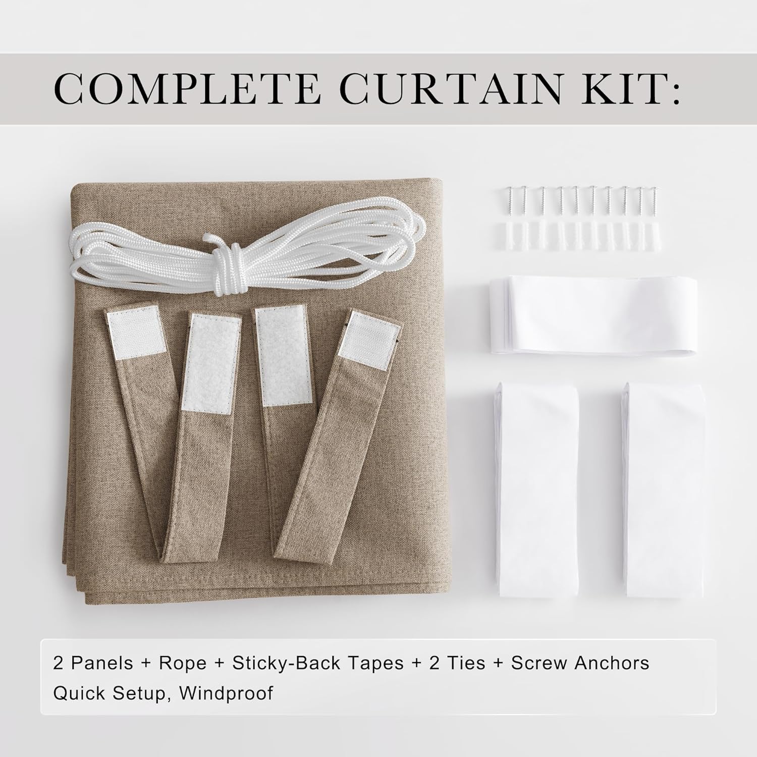 Beige textured complete curtain kit with two panels, white rope, sticky tapes, two ties, and anchors.