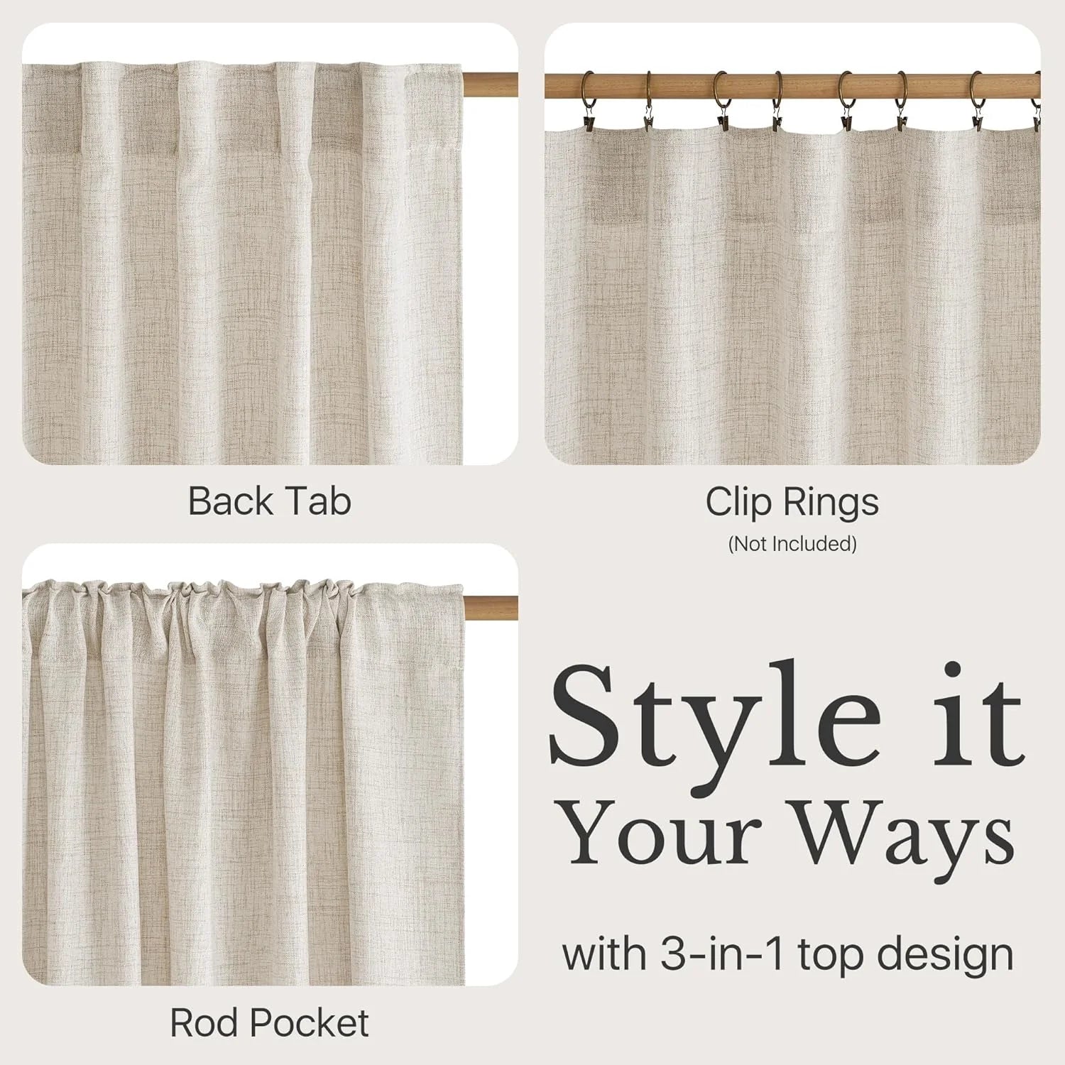 Light beige textured curtain shown with back tab, rod pocket, and clip ring hanging styles.