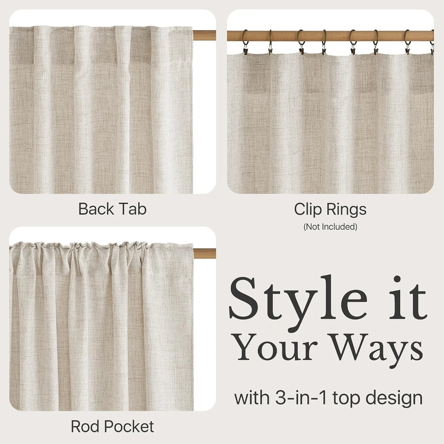 Beige textured curtain showcasing three versatile hanging options: back tab, rod pocket, and clip rings.