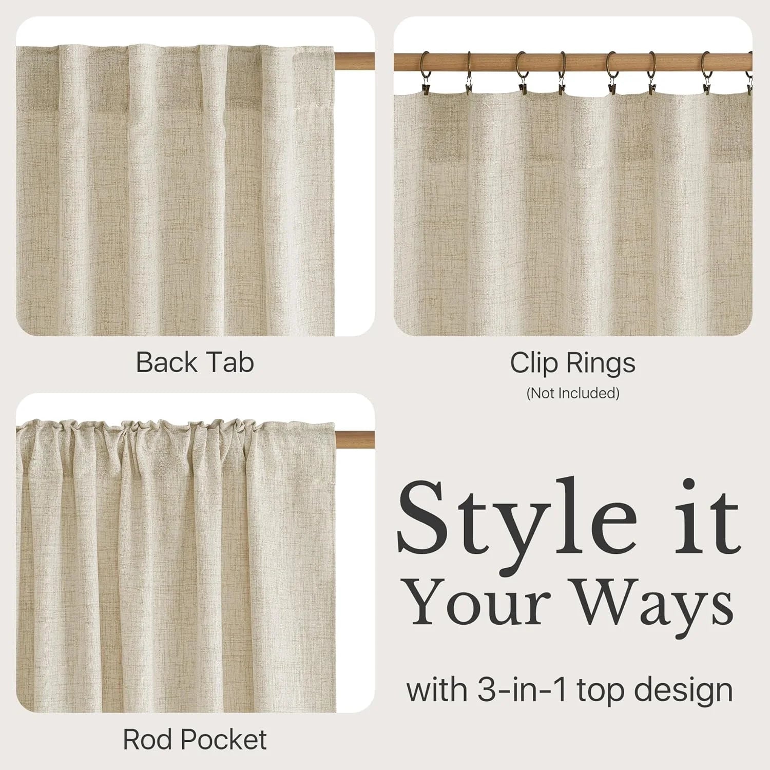 Beige textured curtain showing back tab, clip ring, and rod pocket hanging styles