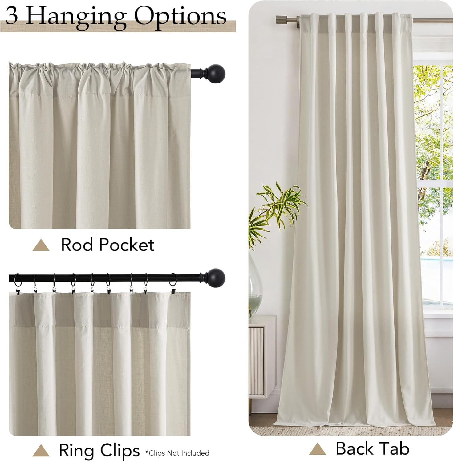 Textured light beige curtain panel with rod pocket, back tab, and ring clip hanging options.