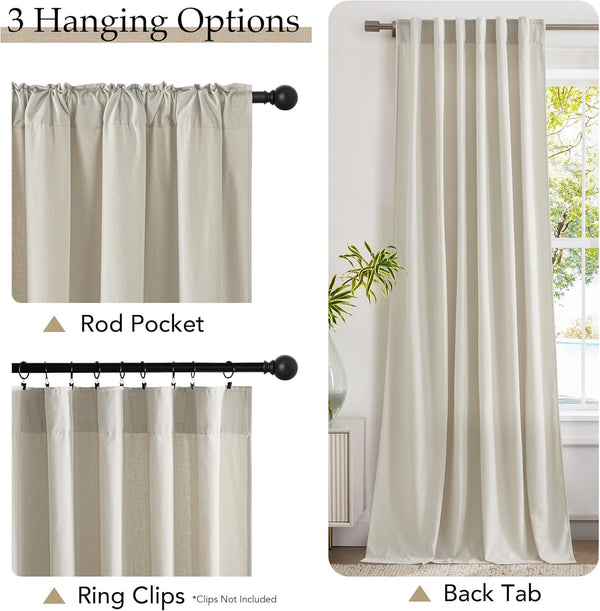Textured light beige curtain panel with rod pocket, back tab, and ring clip hanging options.