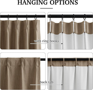 Beige textured curtains demonstrating two hanging styles: pin pleat with rings and back tab.