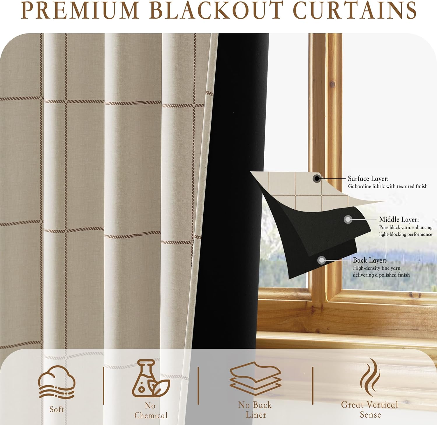 Beige textured gabardine blackout curtains featuring a brown grid pattern, demonstrating multi-layer light-blocking design.