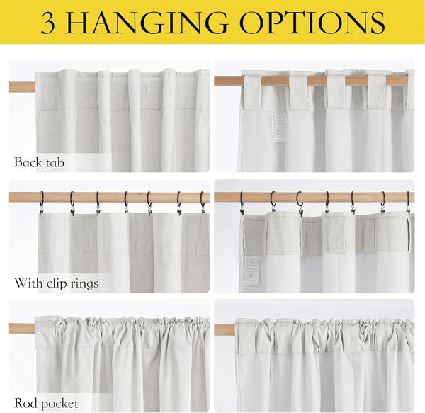 Beige textured lined curtains showing versatile back tab, clip ring, and rod pocket hanging options.