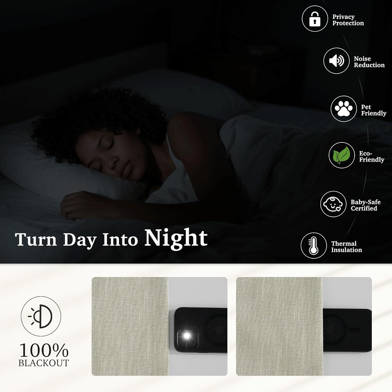 Beige textured linen blackout fabric demonstrated blocking a phone flashlight, ensuring darkness for a sleeping person. Icons indicate privacy, noise reduction, and thermal insulation.