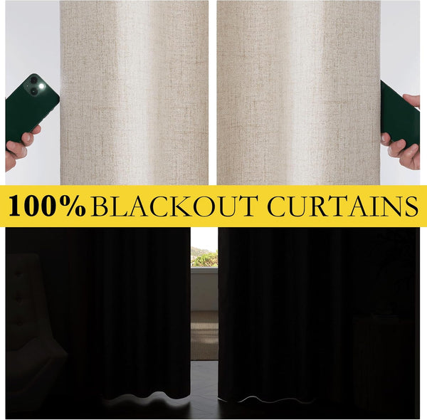 Light beige linen textured curtains demonstrating 100% blackout capability with light test and dark room.