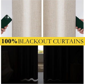 Light beige linen textured curtains demonstrating 100% blackout capability with light test and dark room.