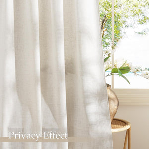 Beige textured linen-blend sheer curtains providing privacy, hanging in front of a bright window with outdoor view.