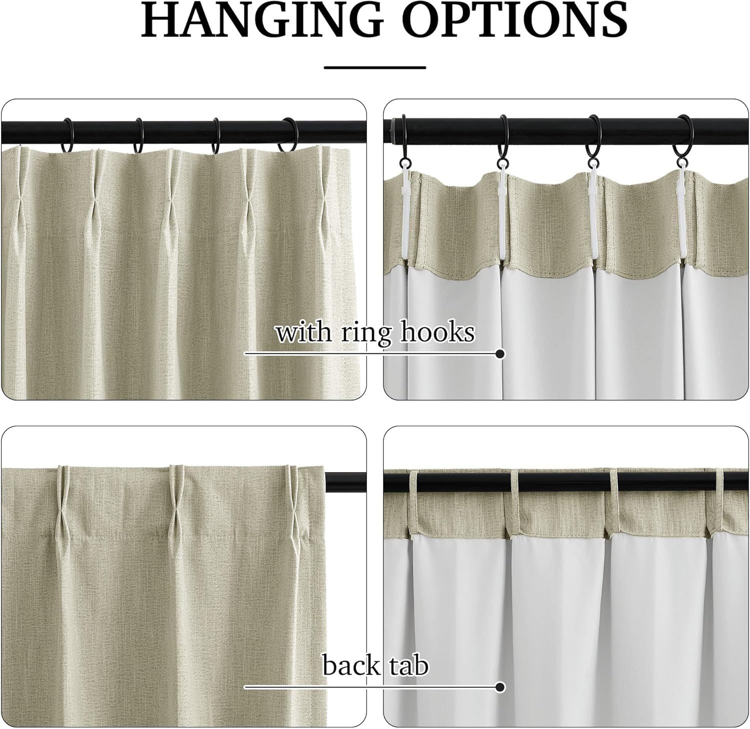 Beige linen curtains showcasing versatile hanging options: ring hooks and back tabs for different styles.