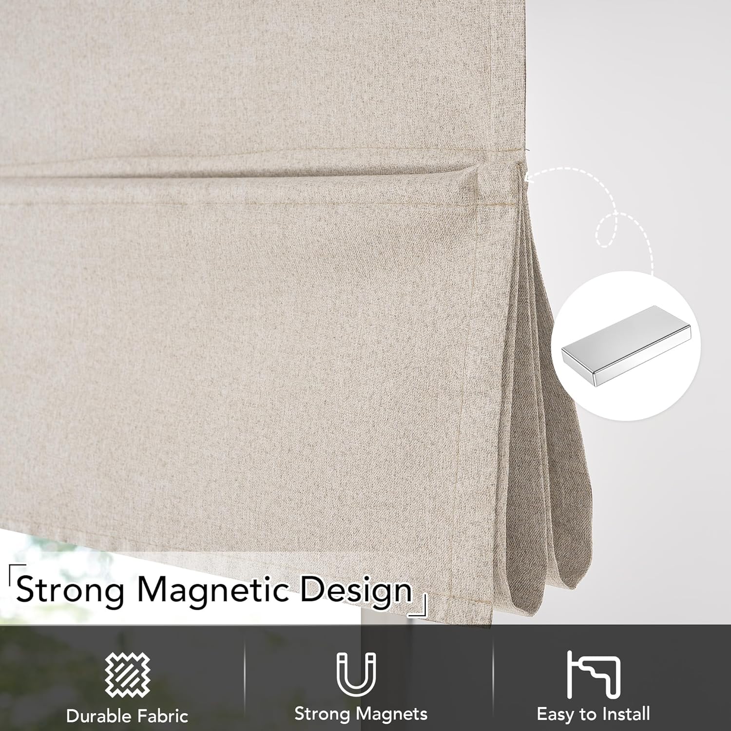 Close-up of a beige textured fabric magnetic Roman shade showing neat folds held by magnets.