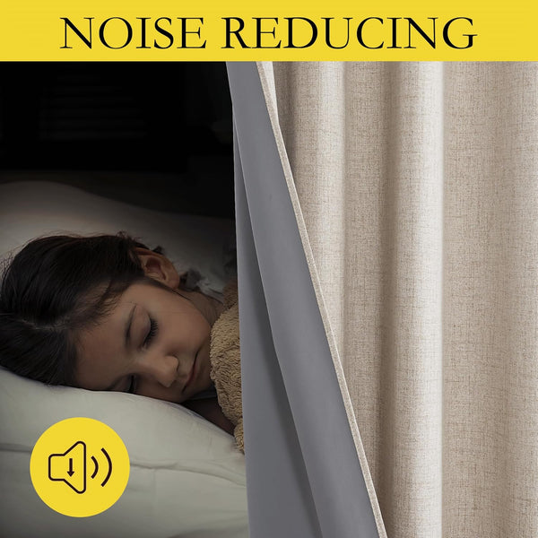 Beige textured noise-reducing blackout curtain with grey backing. A child sleeps peacefully in dark room.