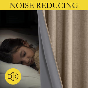 Beige textured noise-reducing curtain with visible gray lining, enhancing sleep for a child.
