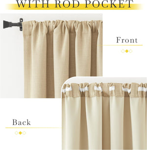 Beige textured curtain panel with rod pocket top, showing front on rod and back with integrated back tabs.