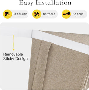 Close-up of beige textured temporary curtain with white removable sticky top for easy, no-drill installation.