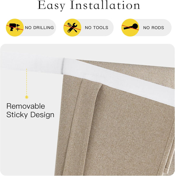 Close-up of beige textured temporary curtain with white removable sticky top for easy, no-drill installation.