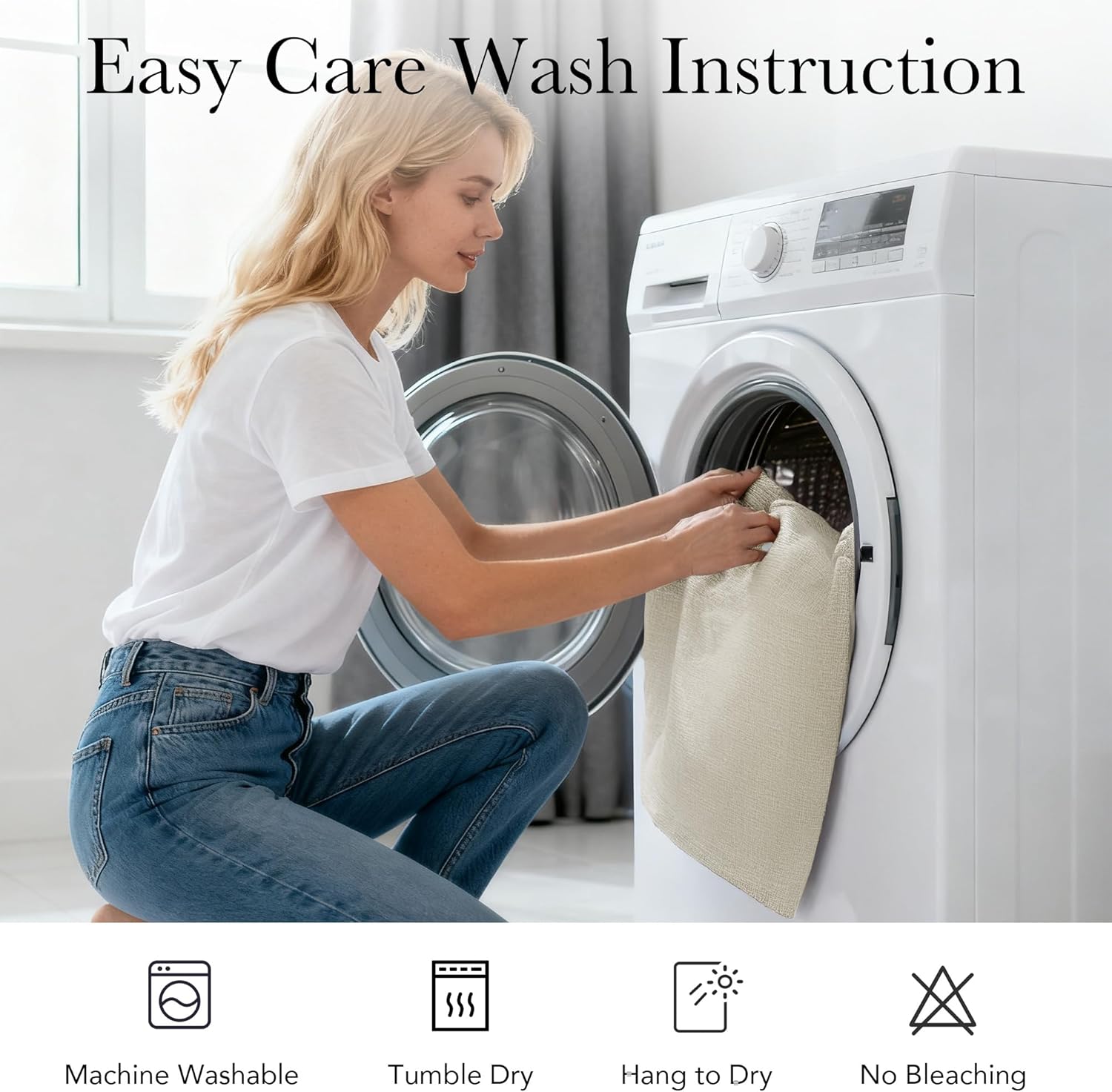 Blonde woman placing a beige textured easy-care mat into a washing machine, demonstrating washability.
