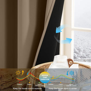 Beige thermal blackout curtain demonstrating heat retention and cooling properties. Ideal for all seasons.