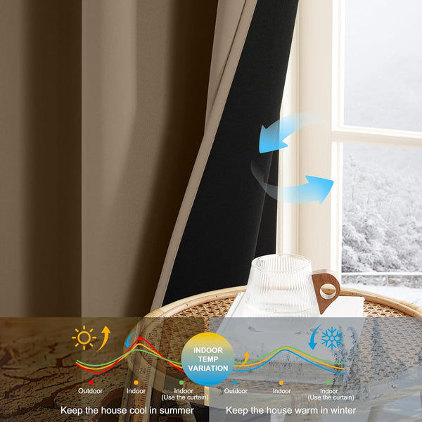 Beige thermal blackout curtain demonstrating heat retention and cooling properties. Ideal for all seasons.